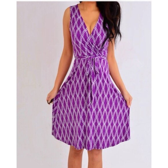 41 Hawthorn Medium Purple Gray Kassidy Wrap Fit Flare Geometric Dress 054 - Picture 2 of 15